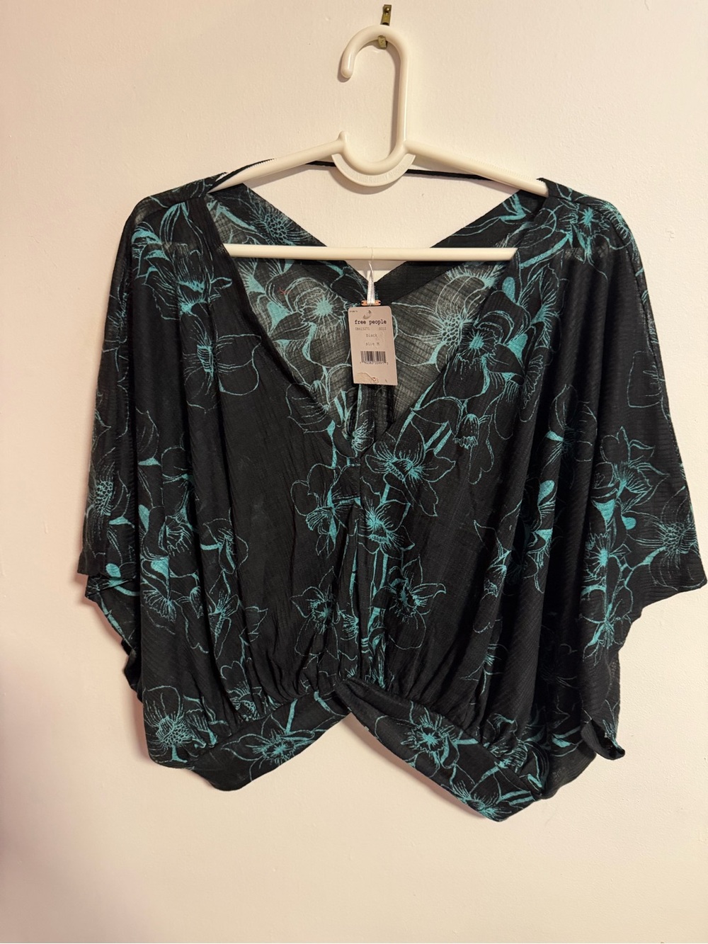 Free People Black Floral Tie-Front Blouse with Teal Print